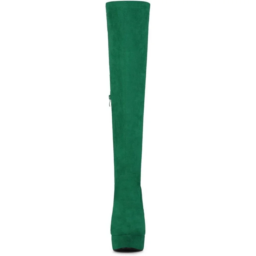 Women Green Suede Chunky Heel Rounded Toe Over the Knee Thigh High Boots